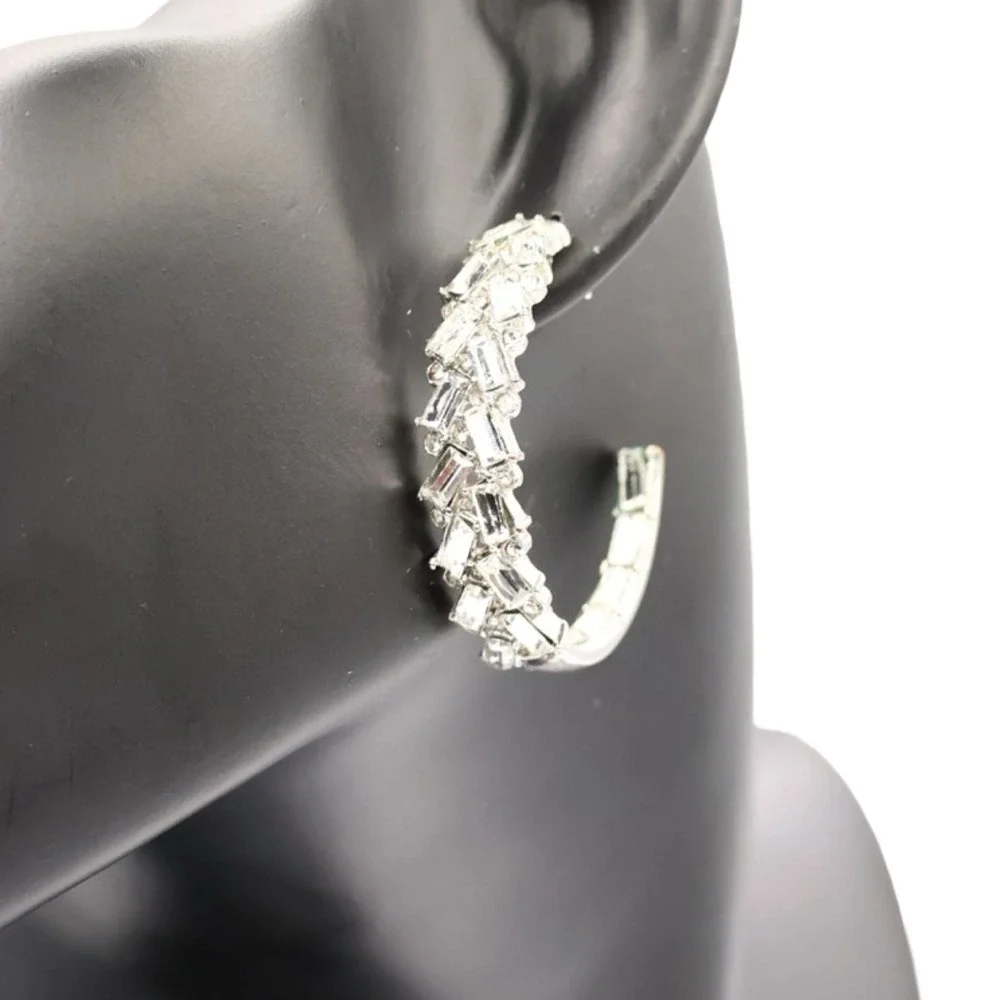 Kenneth Jay Lane Rhodium Crystal Front Hoop Earrings Silver Post Back - Picture 4 of 4